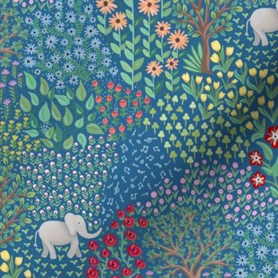 Magical jungle seen with baby elephants playing on flower fields at night - mid size