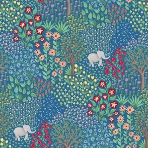 Magical jungle seen with baby elephants playing on flower fields at night - mid size