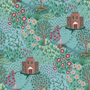 Multicolored garden scene with small floral - densely packed layout - blue and turquoise  - mid size