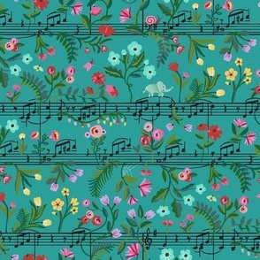 Colorful watercolor childrens print of whimsical flower garden with playful baby elephants dancing on music notes - mid size