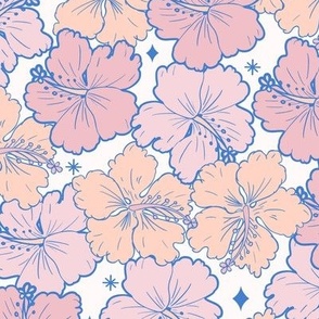 Retro, Vintage, Boho, Pink, Orange, Blue, Summer, Floral, Hibiscus, Flowers