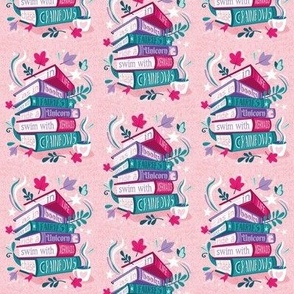 Small scale half drop pattern // In life as in books dance with fairies, ride a unicorn, swim with mermaids, chase rainbows motivational quote embroidery template // pastel pink background fuchsia pink teal and violet books