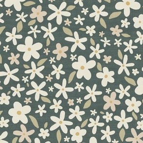 Ditsy Floral // Muted Dark Blue-Green // Linen Look // 