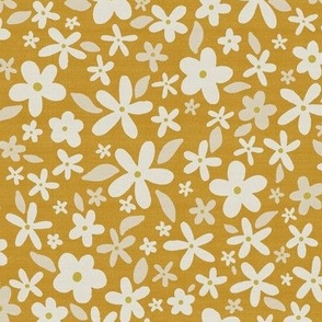 Ditsy Floral // Bright Mustard Yellow // Linen Look // 