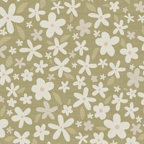Ditsy Floral // Muted Yellow Grey-Green // Linen Look // 