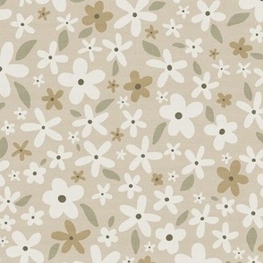 Ditsy Floral // Sage, Cream and Tan on Beige // Linen Look // 