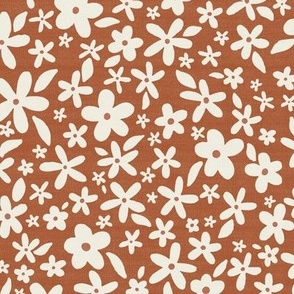 Ditsy Floral // Rusty Red Orange // Linen Look // 