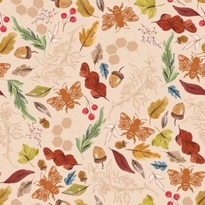 24" Repeat Bees and Fall Leaves Pattern Large Scale | Peach Orange MK002