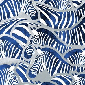 Large jumbo scale // Exotic zebra stripes // watercolour classic blue animal print silver lines