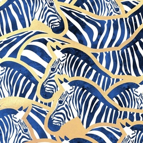 Large jumbo scale // Exotic zebra stripes // watercolour classic blue animal print golden lines