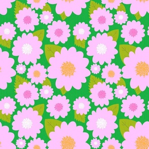 Modern Pink Summer Flowers On Kelly Green Repeat Pattern