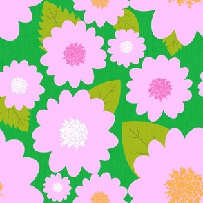 Retro Pink Summer Flowers On Kelly Green Repeat Pattern