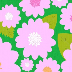 Pink Summer Flowers On Kelly Green Modern Repeat Pattern