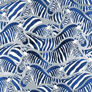 Normal scale // Exotic zebra stripes // watercolour classic blue animal print silver lines