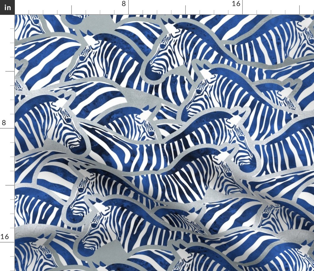 Normal scale // Exotic zebra stripes // watercolour classic blue animal print silver lines