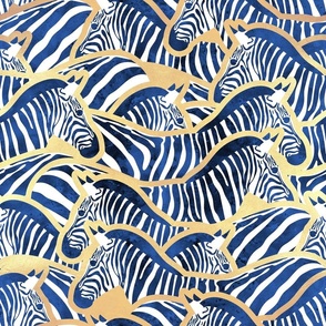 Normal scale // Exotic zebra stripes // watercolour classic blue animal print golden lines