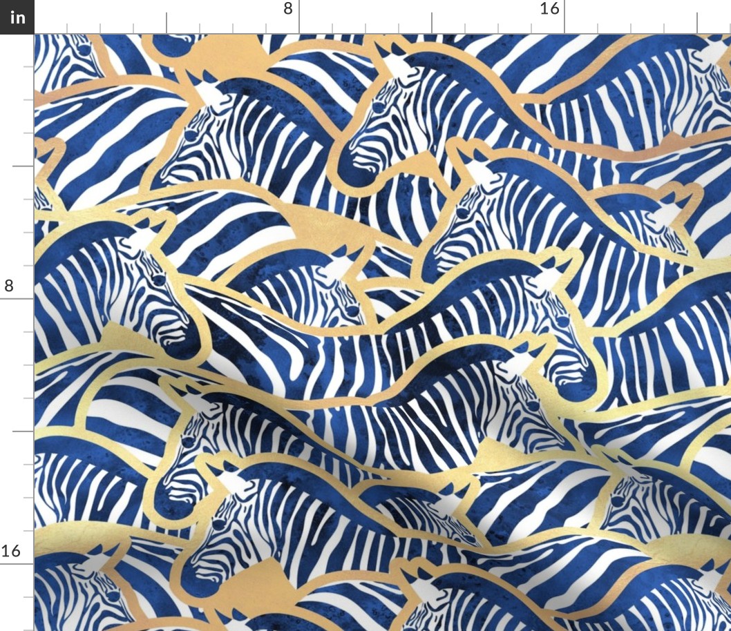 Normal scale // Exotic zebra stripes // watercolour classic blue animal print golden lines