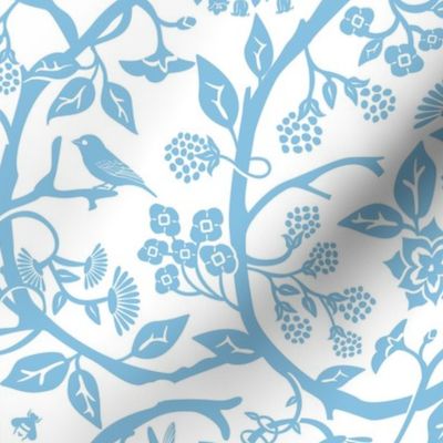 Light blue chinoiserie cut paper floral pattern on white for kids room wallpaper 