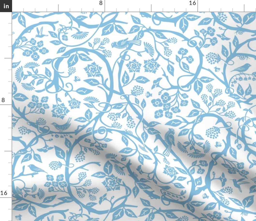 Light blue chinoiserie cut paper floral pattern on white for kids room wallpaper 