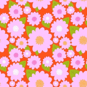 Pink Summer Flowers On Red Retro Modern Repeat Pattern