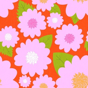 Modern Pink Summer Flowers On Red Repeat Pattern