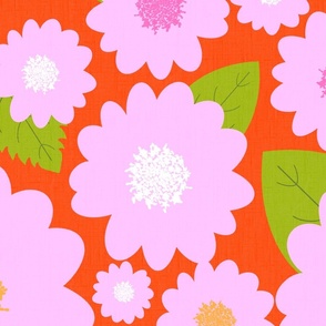 Pink Summer Flowers On Red Modern Repeat Pattern