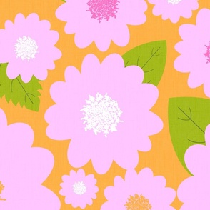 Retro Modern Pink Summer Flowers On Orange Repeat Pattern
