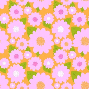 Pink Summer Flowers On Orange Modern Repeat Pattern