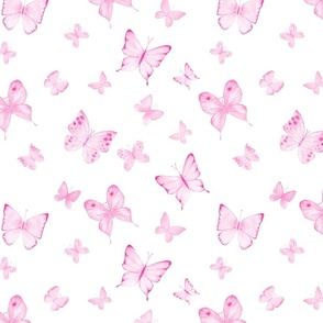 Botanical summer pattern with pink color watercolor butterflies