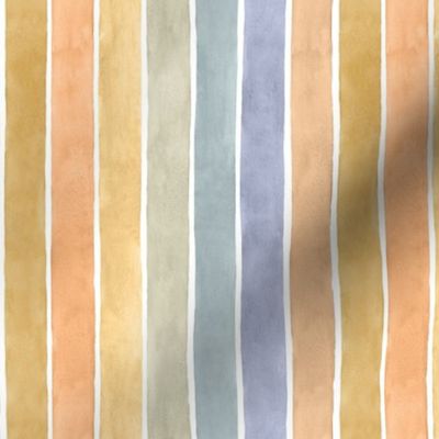 Blue Orange Yellow Green Watercolor Stripes Vertical - Small Scale - Beach Summer 