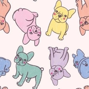 Pastel dogs on light background. Baby room wallpaper with frenchies.