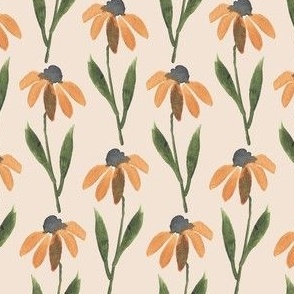 Black eyed Susan watercolor floral in yellow on beige / daisy chain stripe