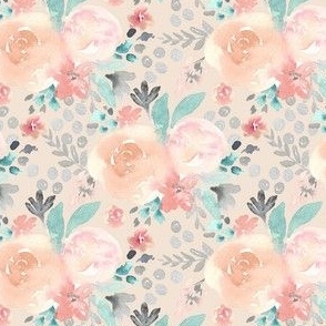 Watercolor floral on beige with peach roses, gray and mint green leaves for spring and fall 