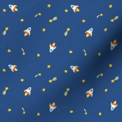 Small rocket ships in outer space on dark blue with stars for kids