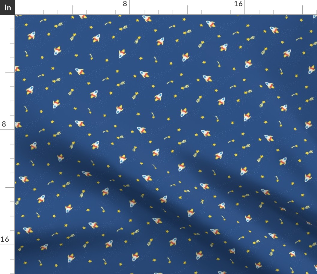 Small rocket ships in outer space on dark blue with stars for kids