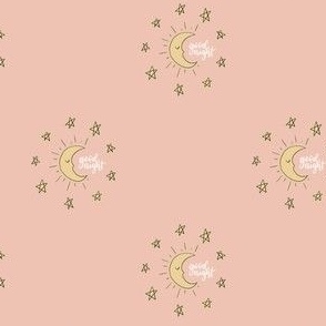 Hand drawn celestial moon and stars in yellow and rose quartz pink  for kids and baby pyjamas 4 inch