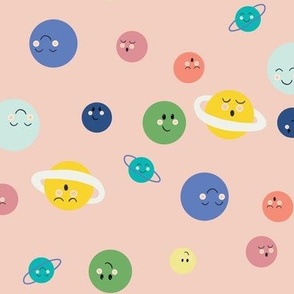 Happy planets in on pink for space fans! Tossed celestial planets for kids and baby