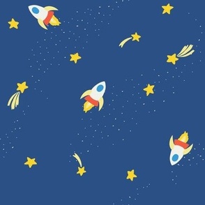 Medium rocket ships in outer space on dark blue with stars for kids