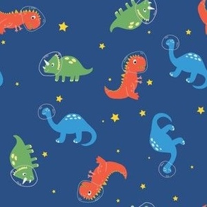 Dinosaurs in outer space 6", illustrated astronaut dinos on dark blue with stars for kids