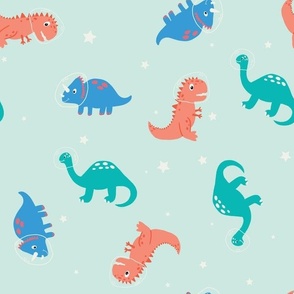 Dinosaurs in outer space 7", illustrated astronaut dinos on mint green with stars for kids