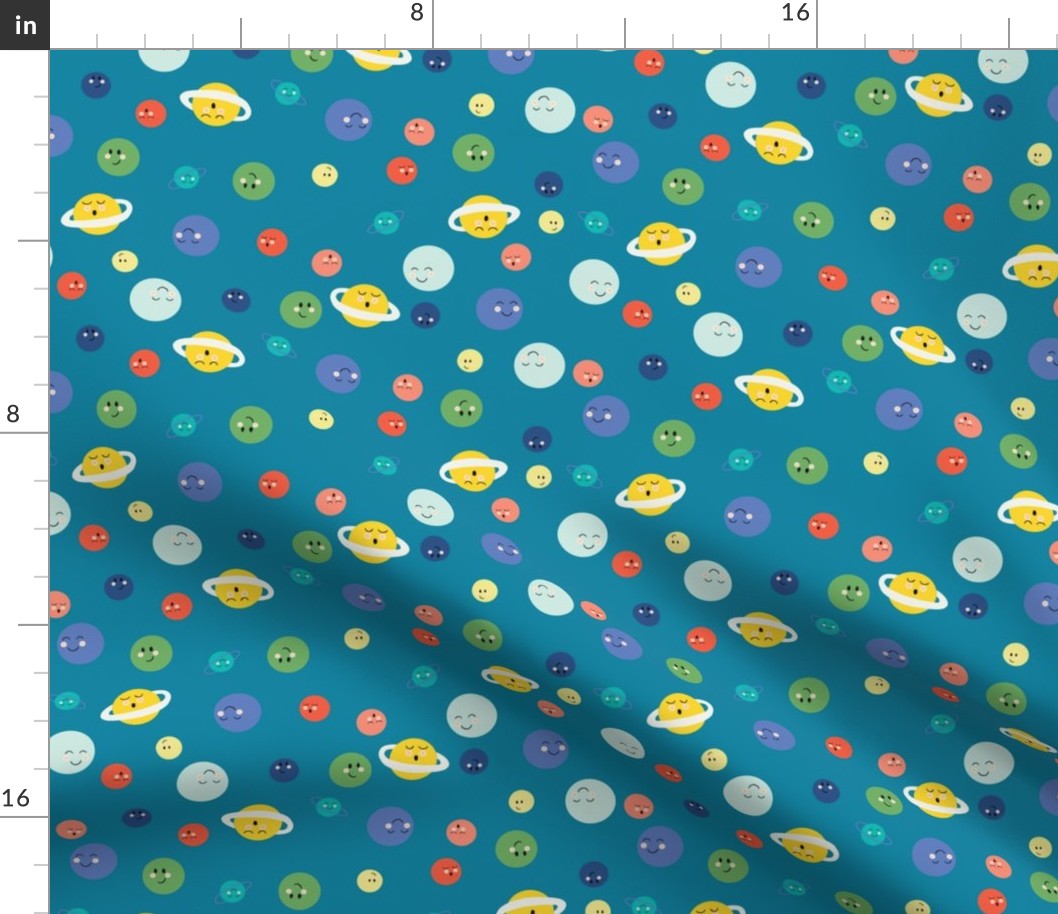 Happy planets in on bright teal blue for space fans! Tossed celestial planets for kids and baby