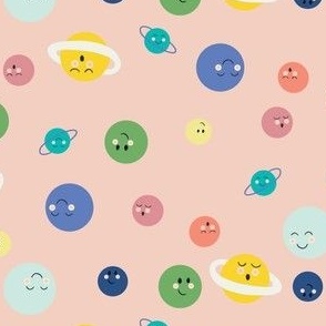 Happy planets in on pink for space fans! Tossed celestial planets for kids and baby