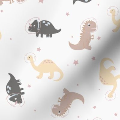Dinosaurs in outer space 9", illustrated astronaut dinos on off white neutrals with stars for kids