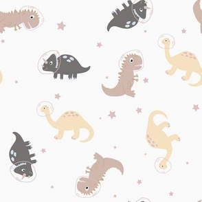 Dinosaurs in outer space 9", illustrated astronaut dinos on off white neutrals with stars for kids