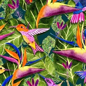 Tropical Jungle Watercolor Hummingbird Birds Wallpaper