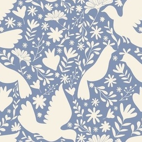 Otomi birds cream on blue BIG Wallpaper