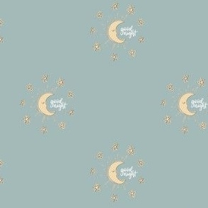 Hand drawn celestial moon and stars in yellow and dusty blue for kids and baby pyjamas 4 inch