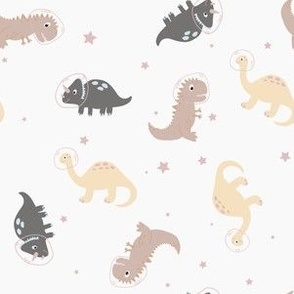 Dinosaurs in outer space 6", illustrated astronaut dinos on off white neutrals with stars for kids