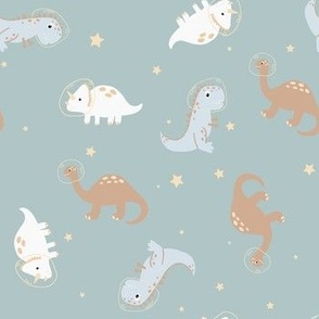 Dinosaurs in outer space 7", illustrated astronaut dinos on blue with stars for kids