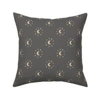 Hand drawn celestial moon and stars in yellow and dark grey for kids and baby pyjamas 4 inch